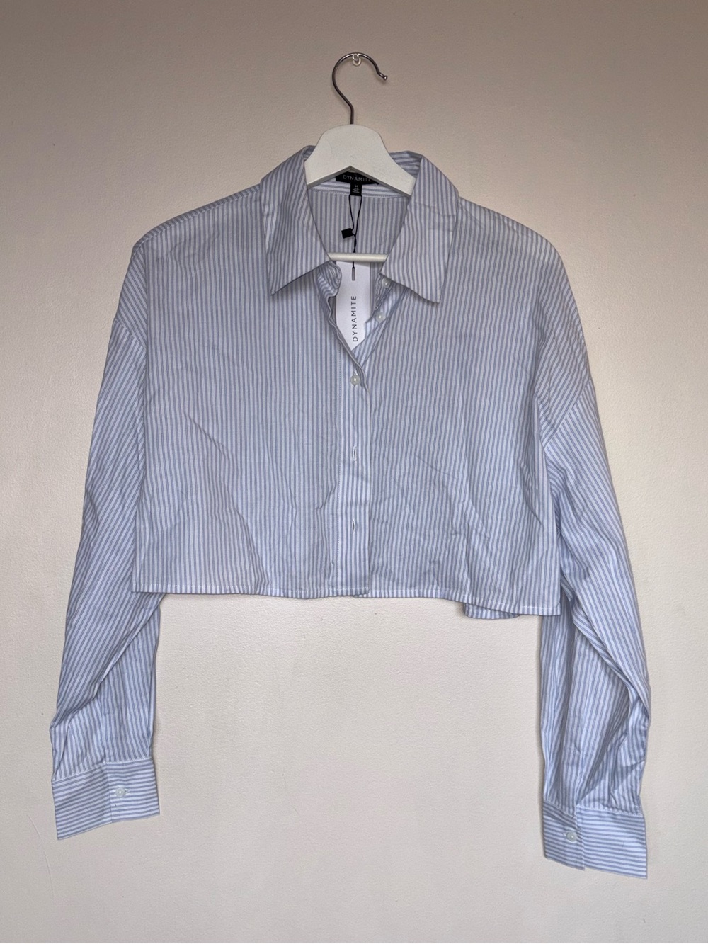 Dynamite Cropped Blue and White Striped Button-Down Shirt
